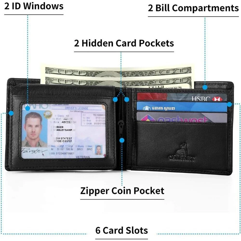 Men's Black Front Zipper Coin Pocket Genuine Leather Bifold Wallet Card Stylish